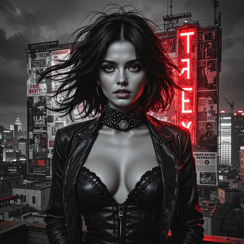 Dystopian noir billboard portrait of a mysterious woman