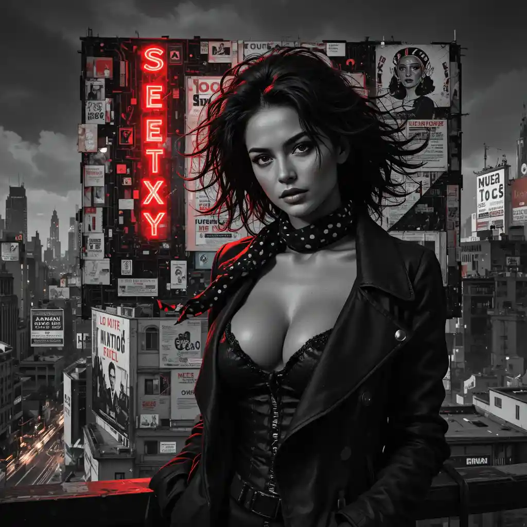 Retrato noir de uma femme fatale em outdoor sobre a cidade