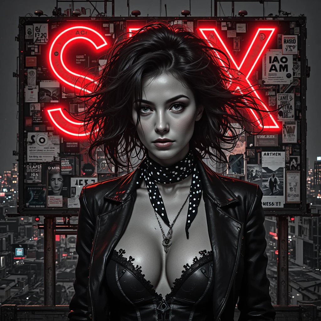 Noir femme fatale billboard above a dark city skyline