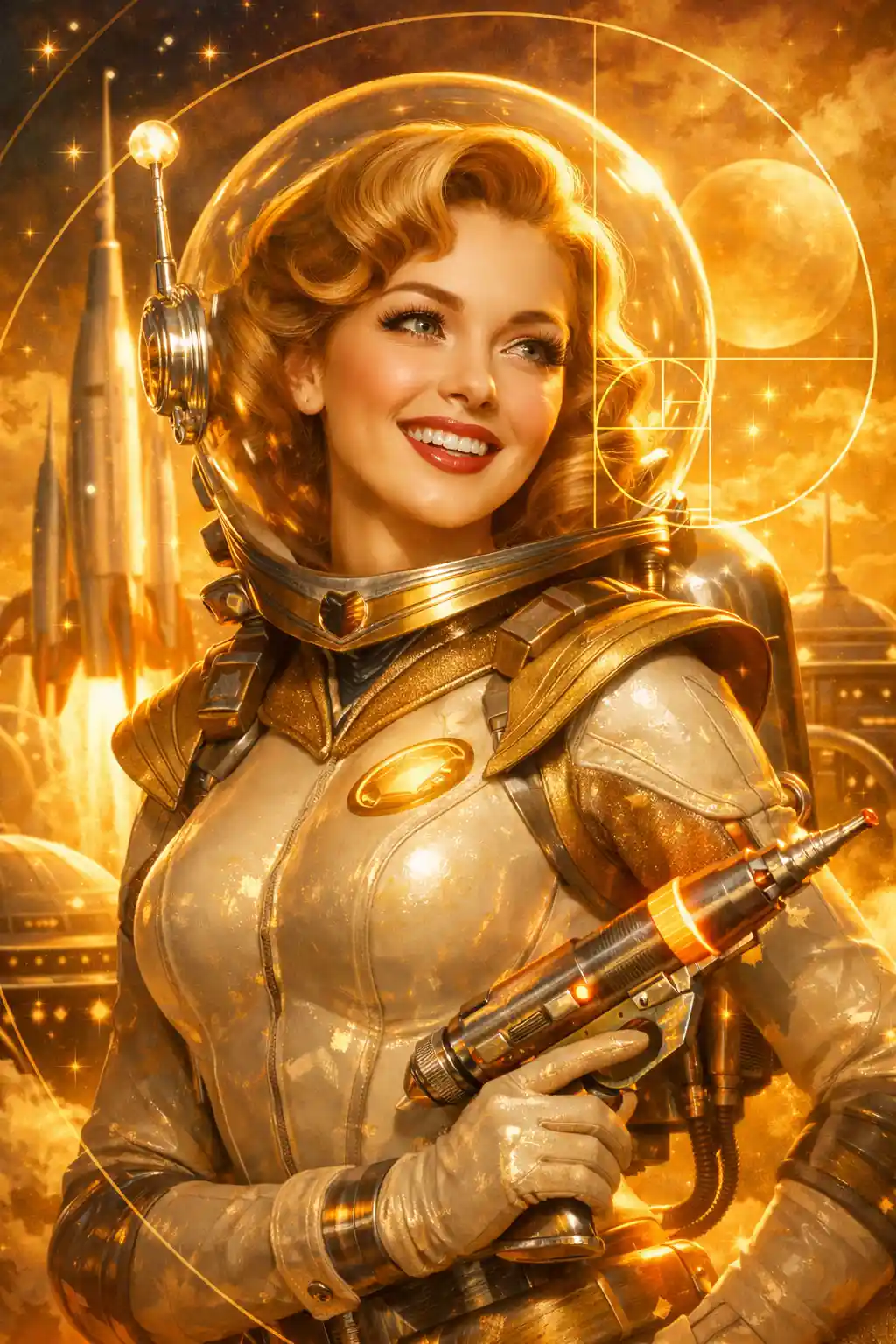 Eroina retro futuristica che sorride in una calda luce dorata