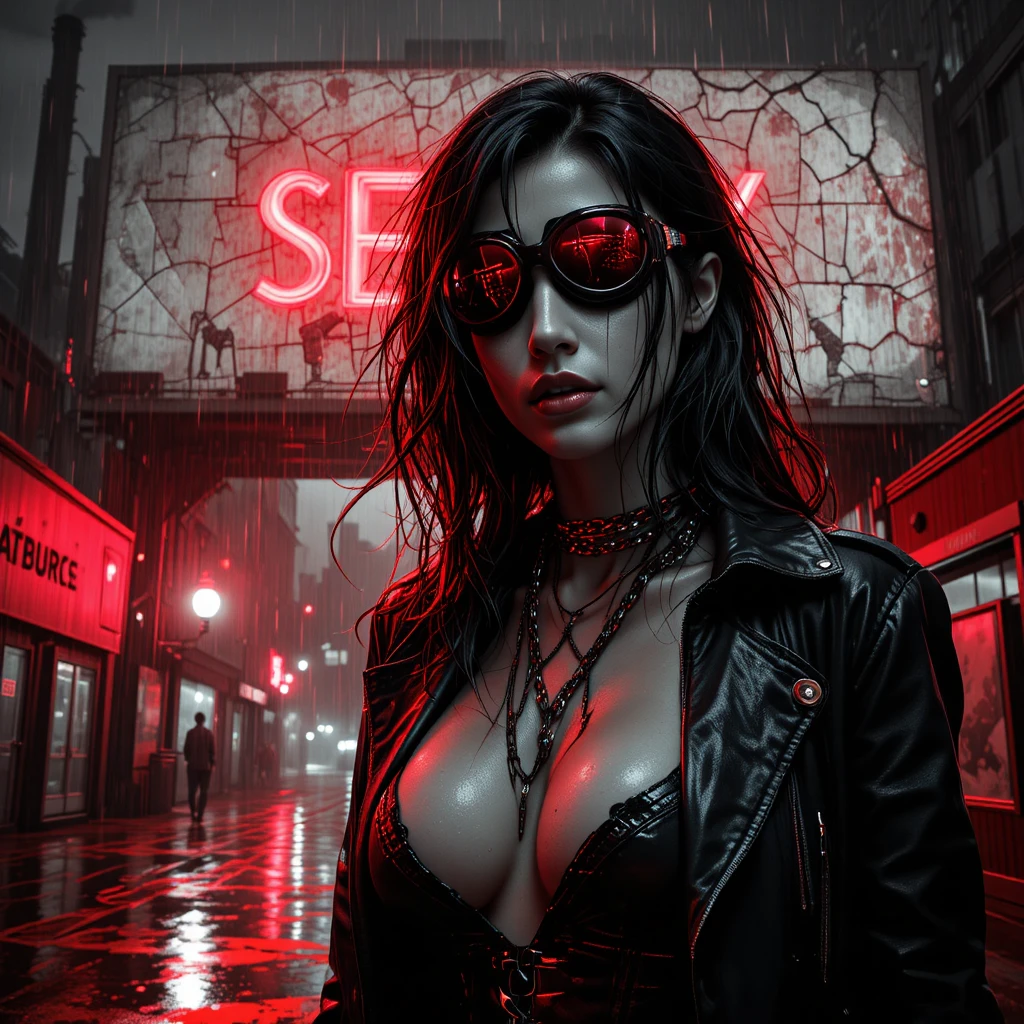 Noir billboard portrait of a femme fatale in the rain