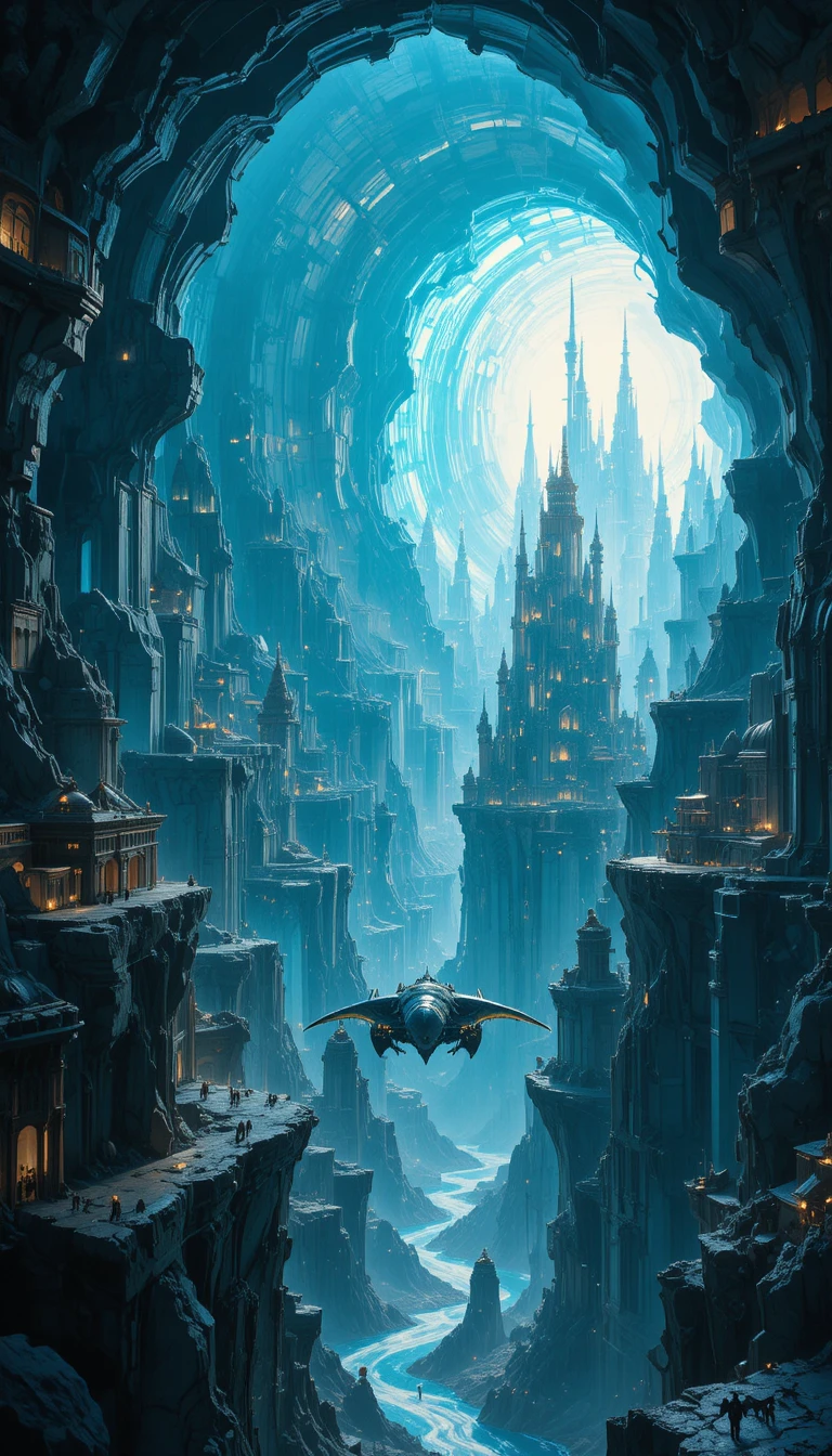 Crystal geode cityscape with manta ray flying vehicles