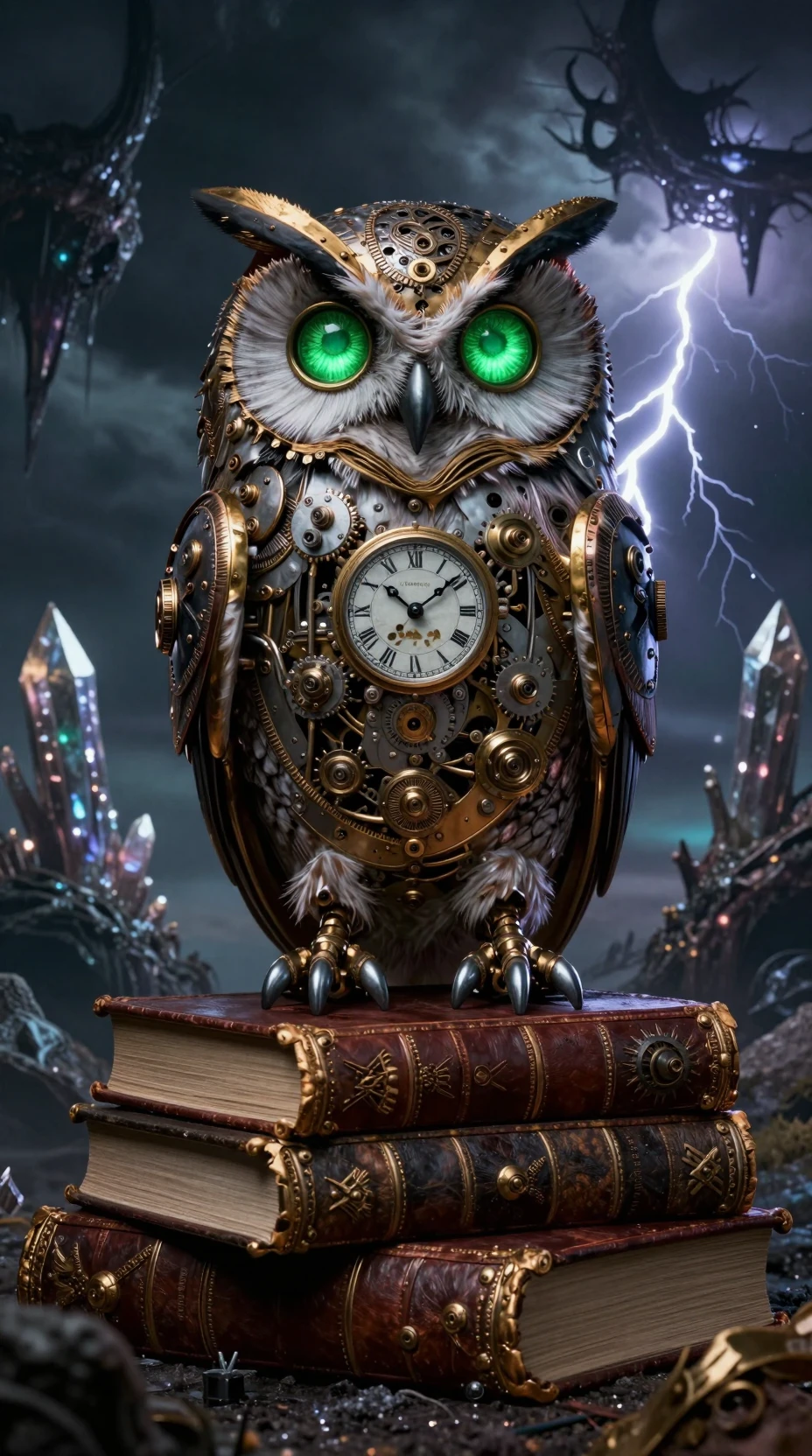 Uhrwerk-Eule auf antiken Büchern unter einem stürmischen Alien-Himmel