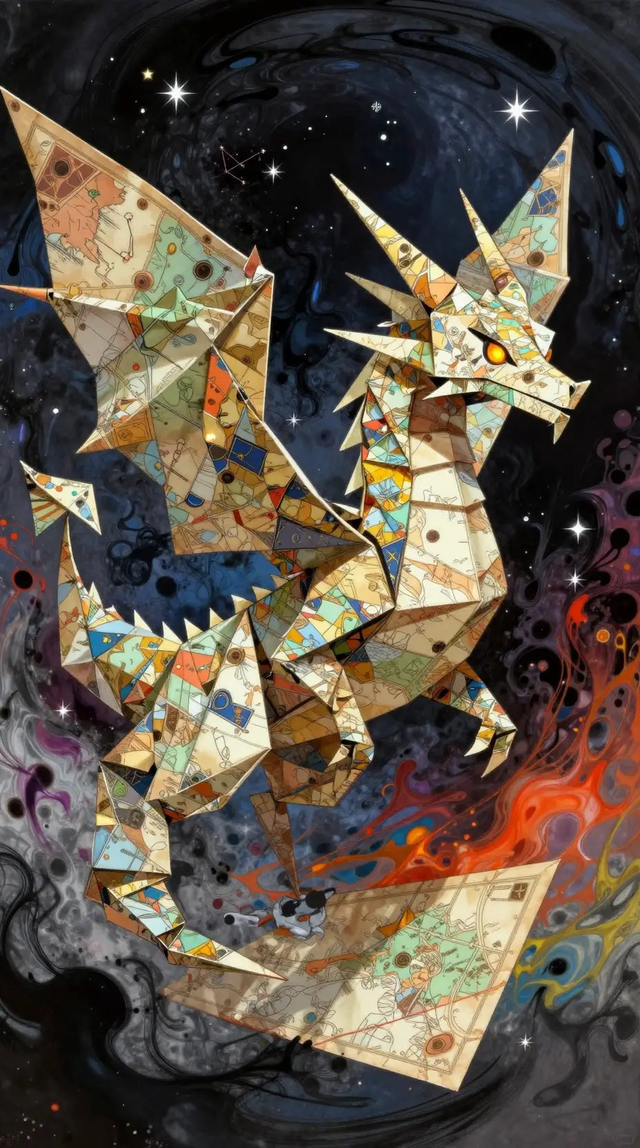 Dragón de origami surrealista surcando un vórtice cósmico de tinta