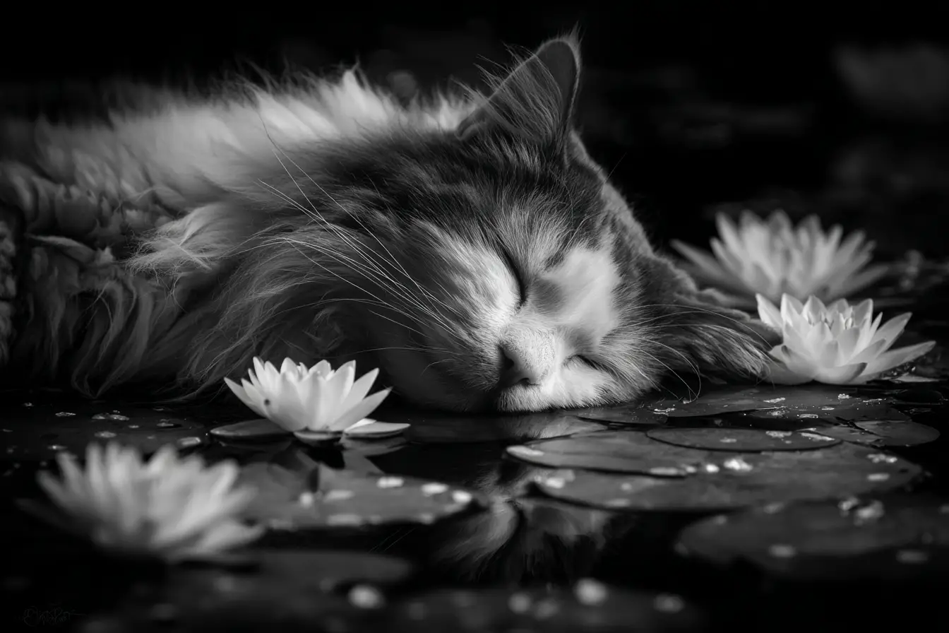 Sleeping fluffy cat floating among water lilies