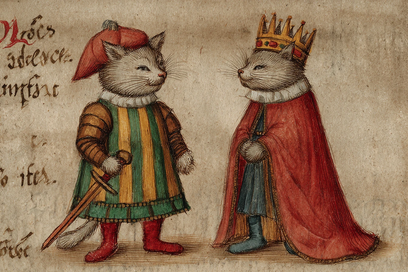 Due gatti regali in un’illustrazione in stile manoscritto medievale