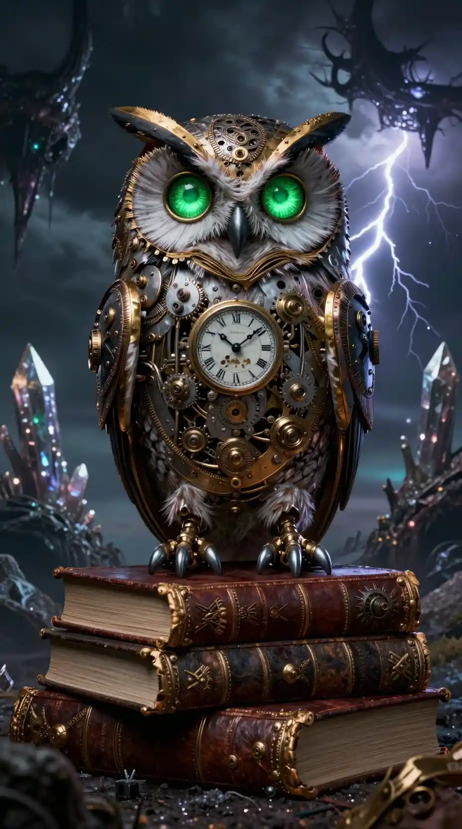 Uhrwerk-Eule auf antiken Büchern unter einem stürmischen Alien-Himmel