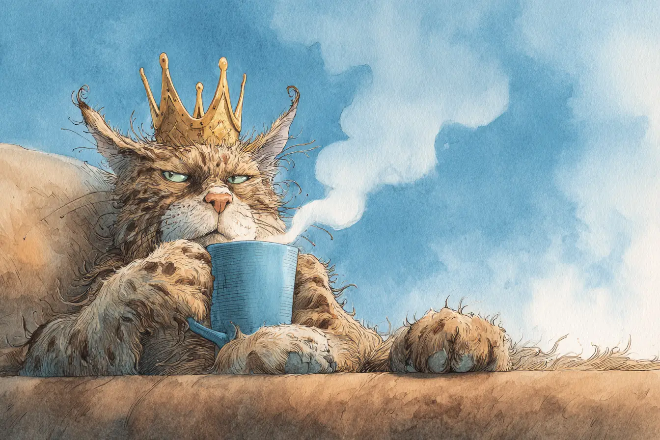 Sleepy crowned cat with coffee in the morning sky