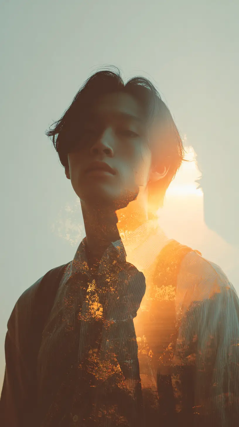 Asian young man in cinematic double exposure portrait