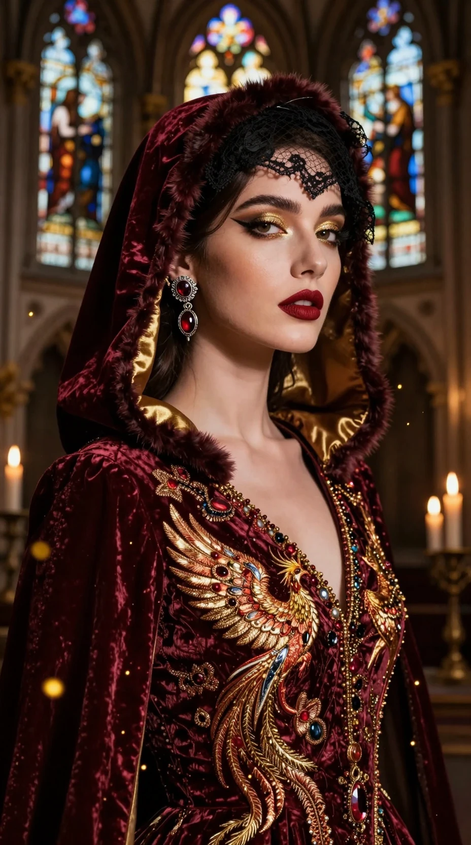 Elegant woman in burgundy velvet hood in gothic cathedral