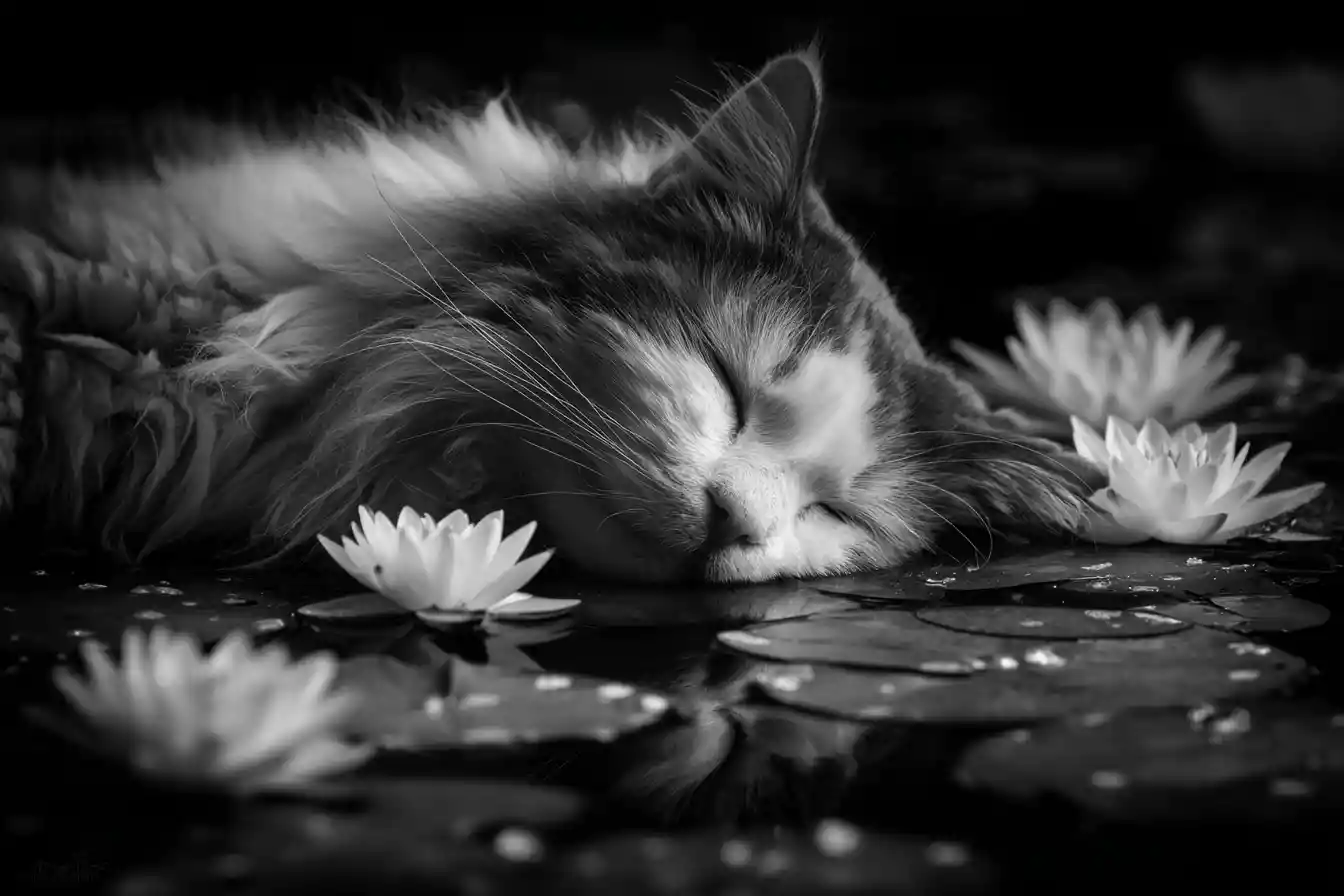 Sleeping fluffy cat floating among water lilies