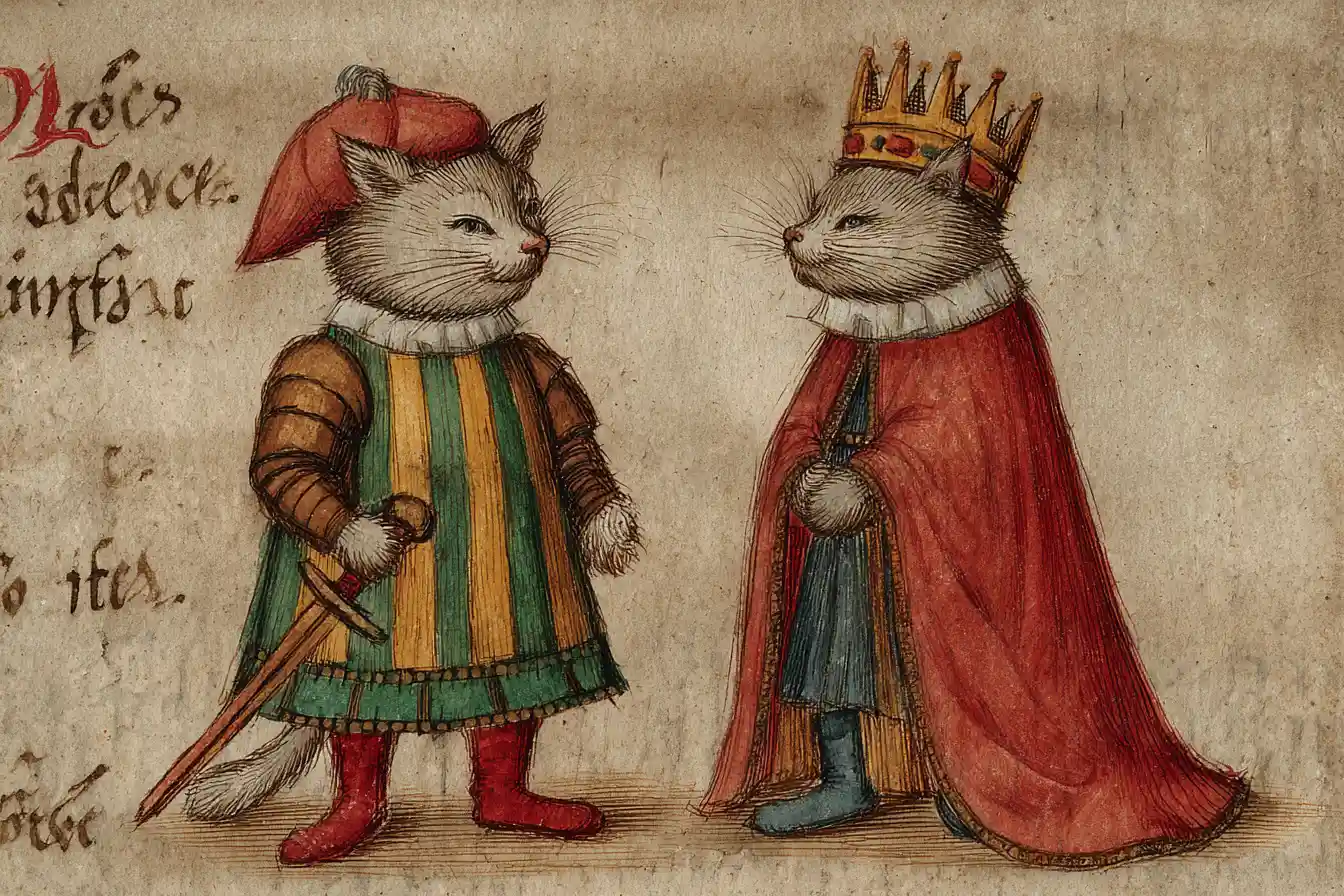 Due gatti regali in un’illustrazione in stile manoscritto medievale
