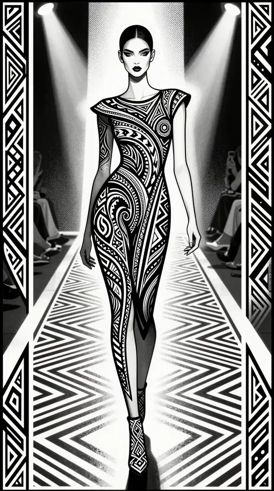 Tribal ink fashion woman on geometric runway illustration