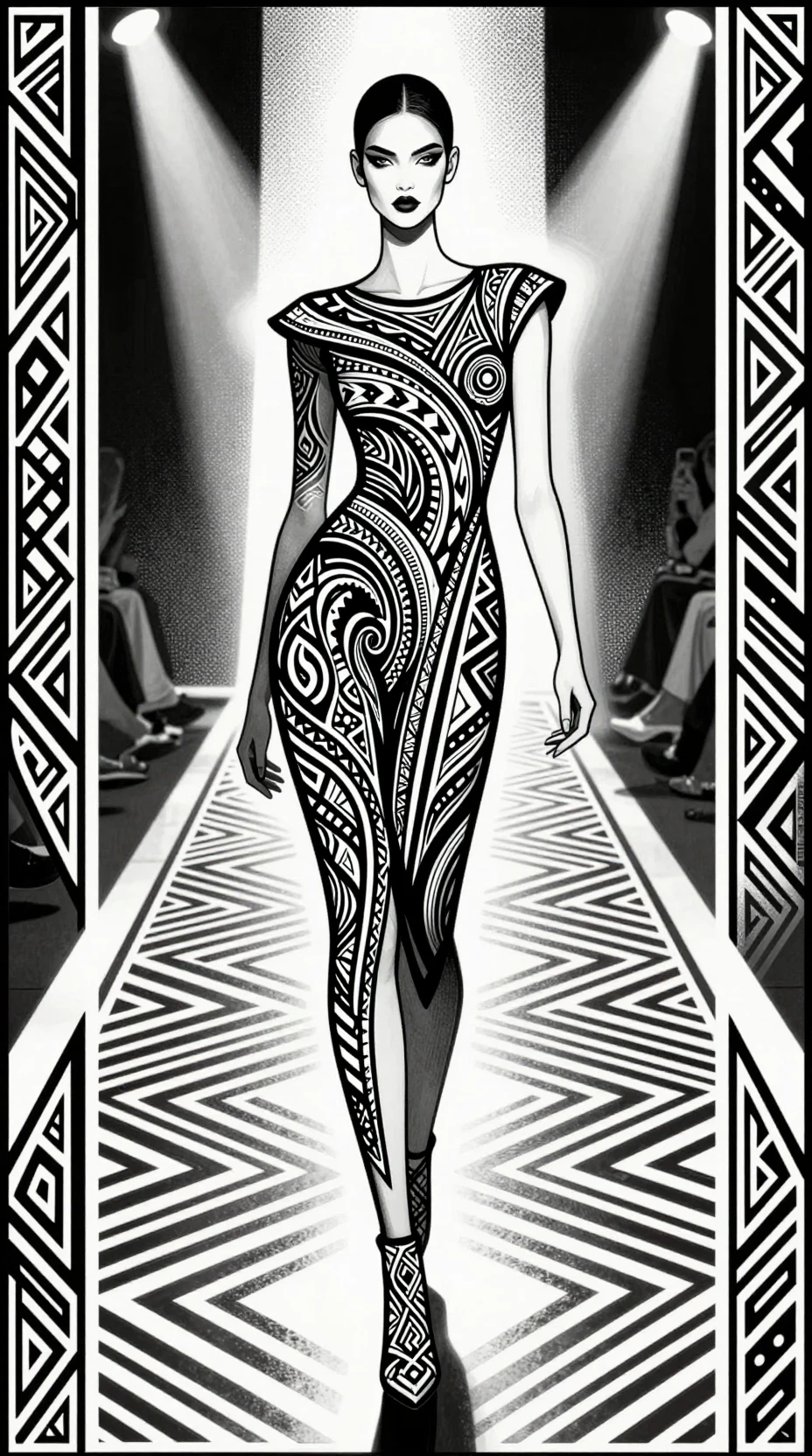 Tribal ink fashion woman on geometric runway illustration