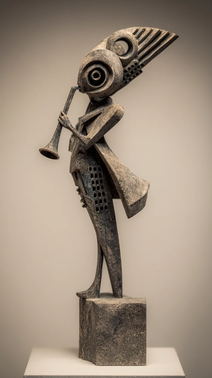 Pequeña estatua enigmática rodeada por una masa abstracta