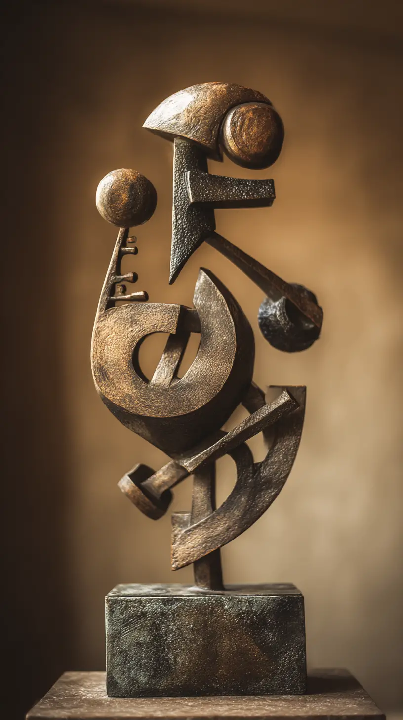 Statue abstraite mêlant mythe, géométrie et rythme musical
