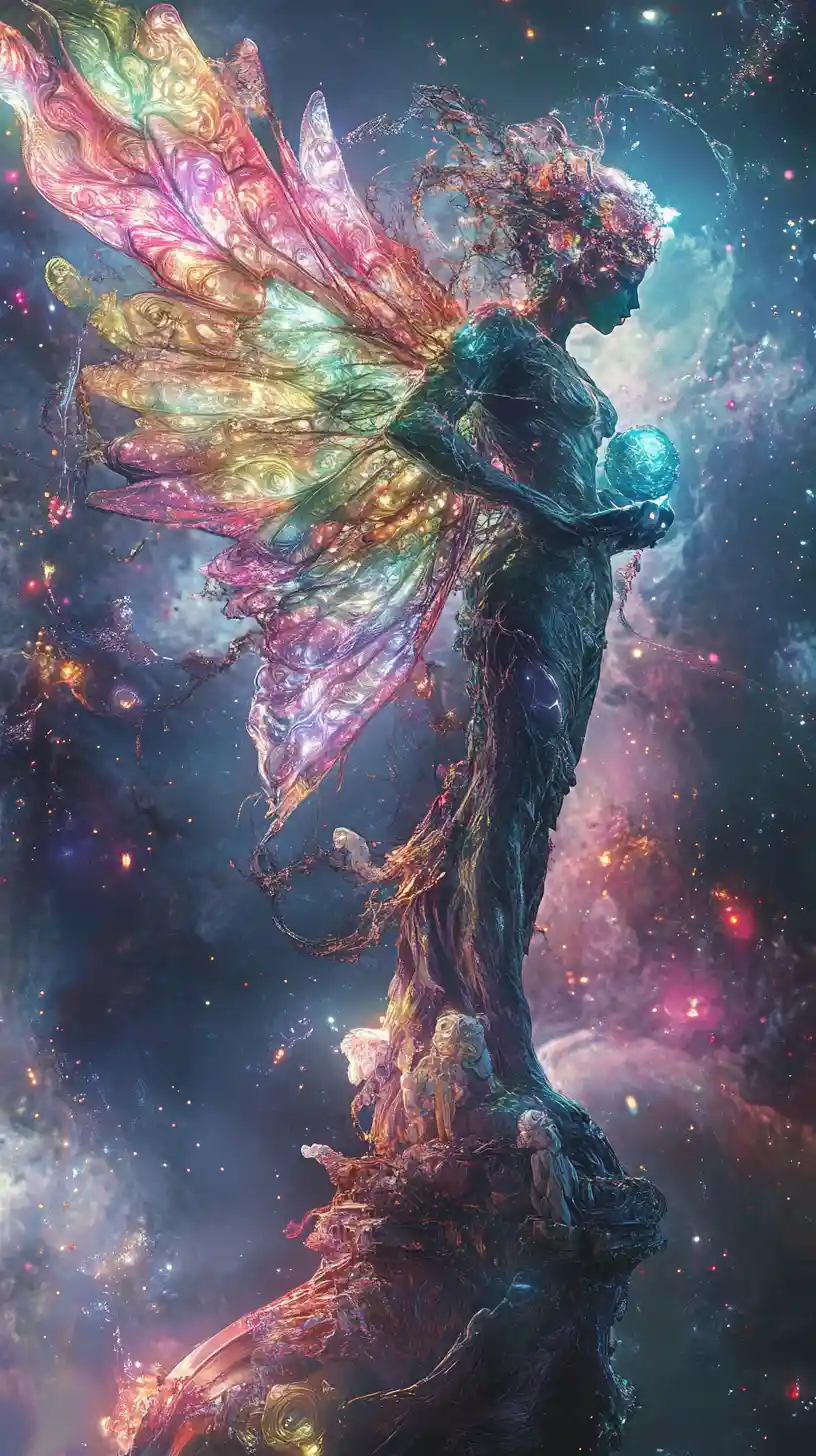 Pequeña estatua enigmática rodeada por una masa abstracta en espiral