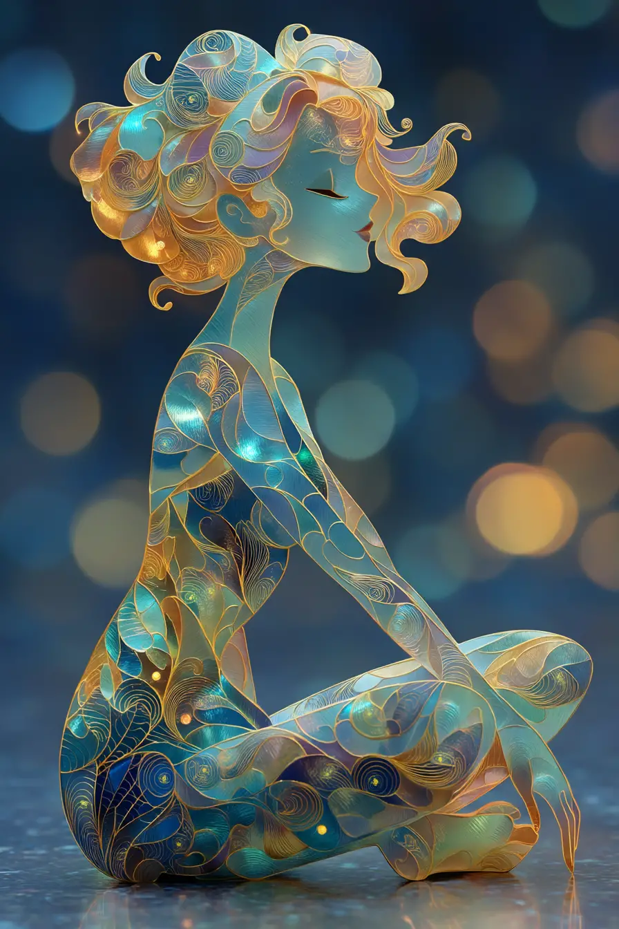 Iridescent foil girl figurine sitting in lotus pose