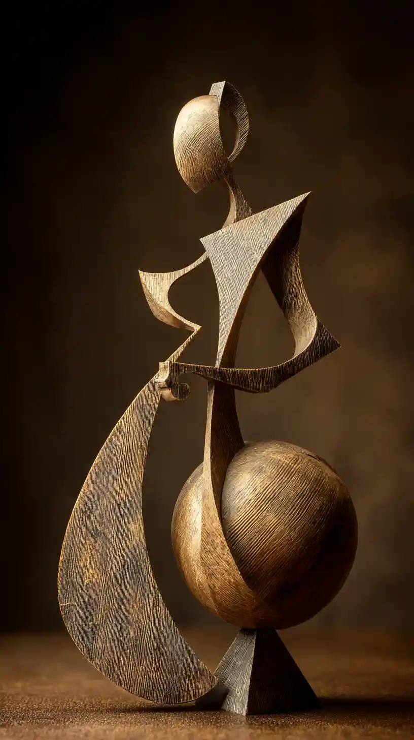 Abstrakte Statue, umgeben von Formen aus Mythos und Geometrie