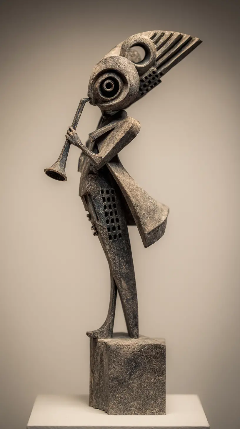 Petite statue énigmatique entourée d’une masse abstraite