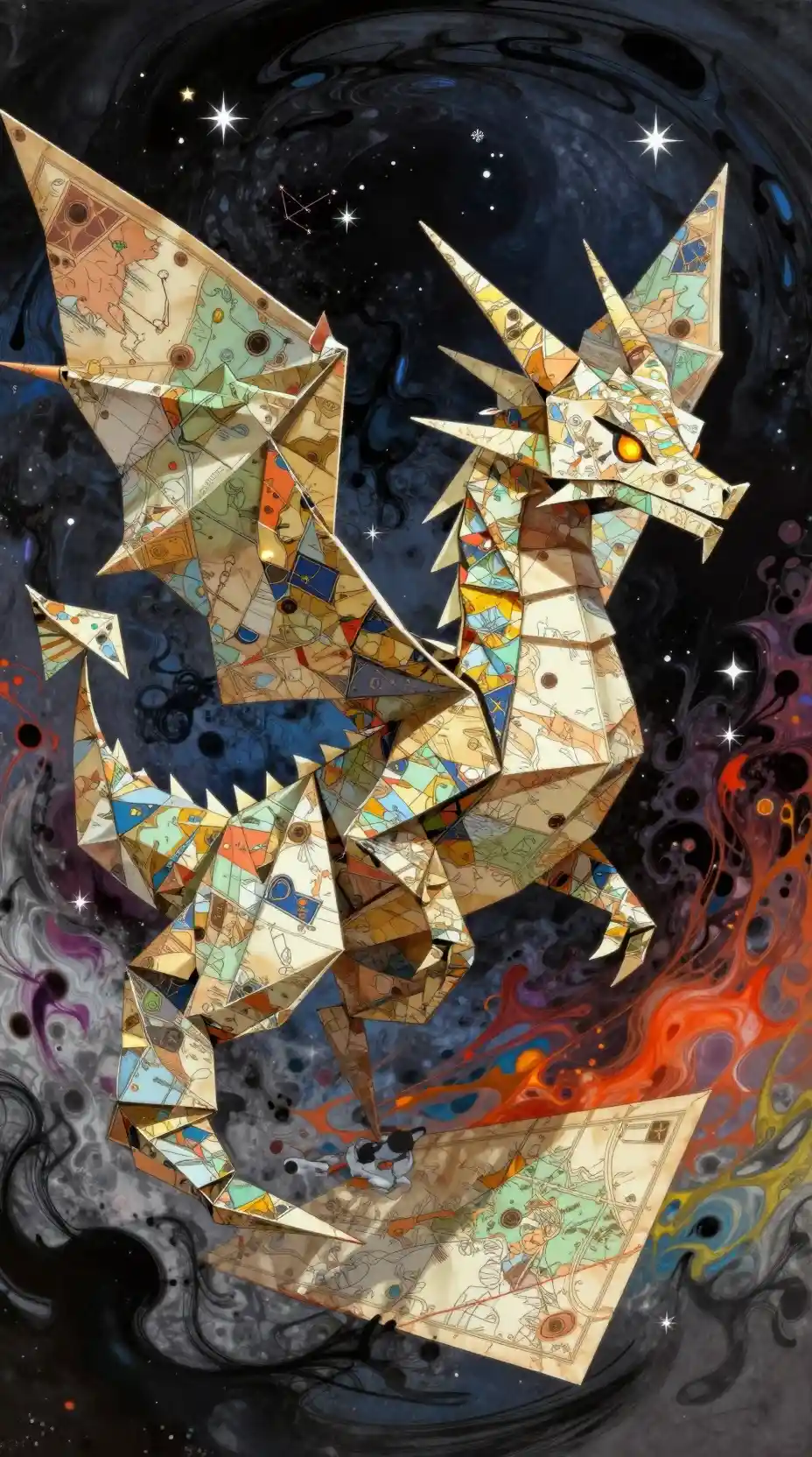 Dragon en origami surréaliste fendant un vortex cosmique d’encre