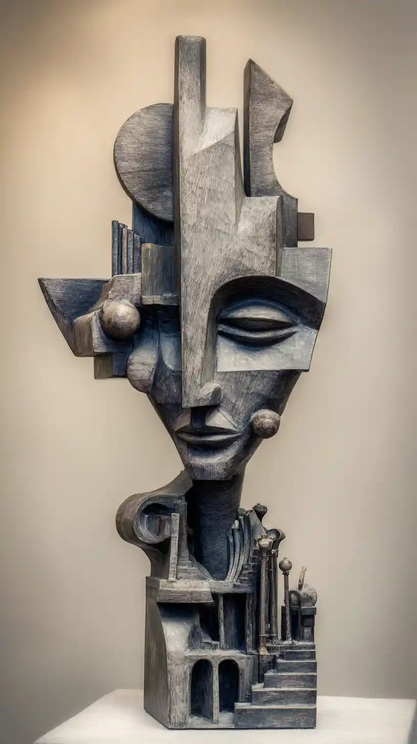 Kleine rätselhafte Statue, umgeben von abstrakten Massenformen