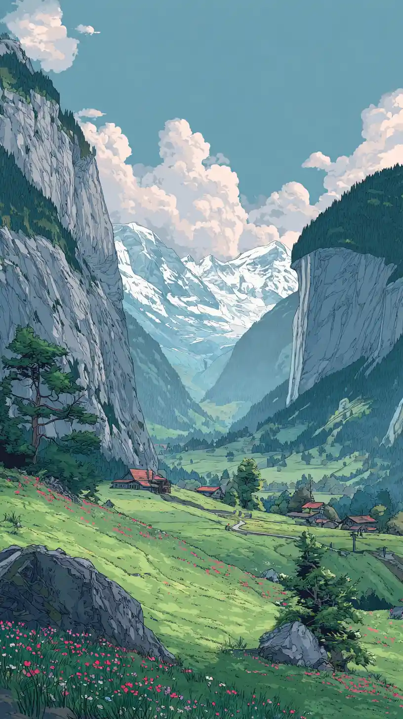 Serene Alpine Valley Mountains In Ukiyo E Inspired Style