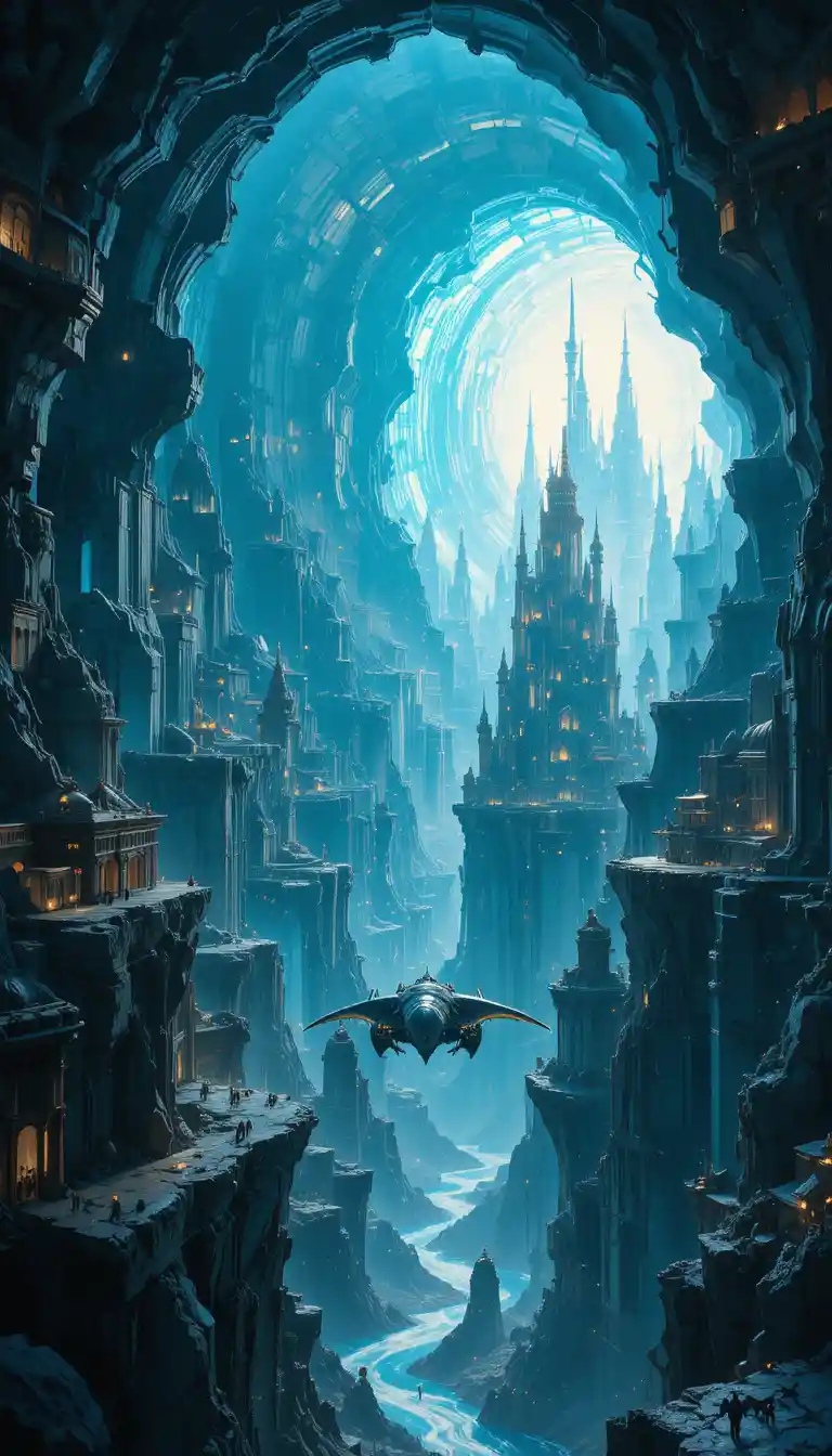 Crystal geode cityscape with manta ray flying vehicles