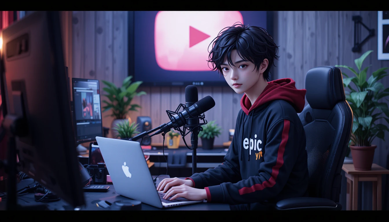 노트북과 마이크로 책상에서 스트리밍하는 애니메이션 소년