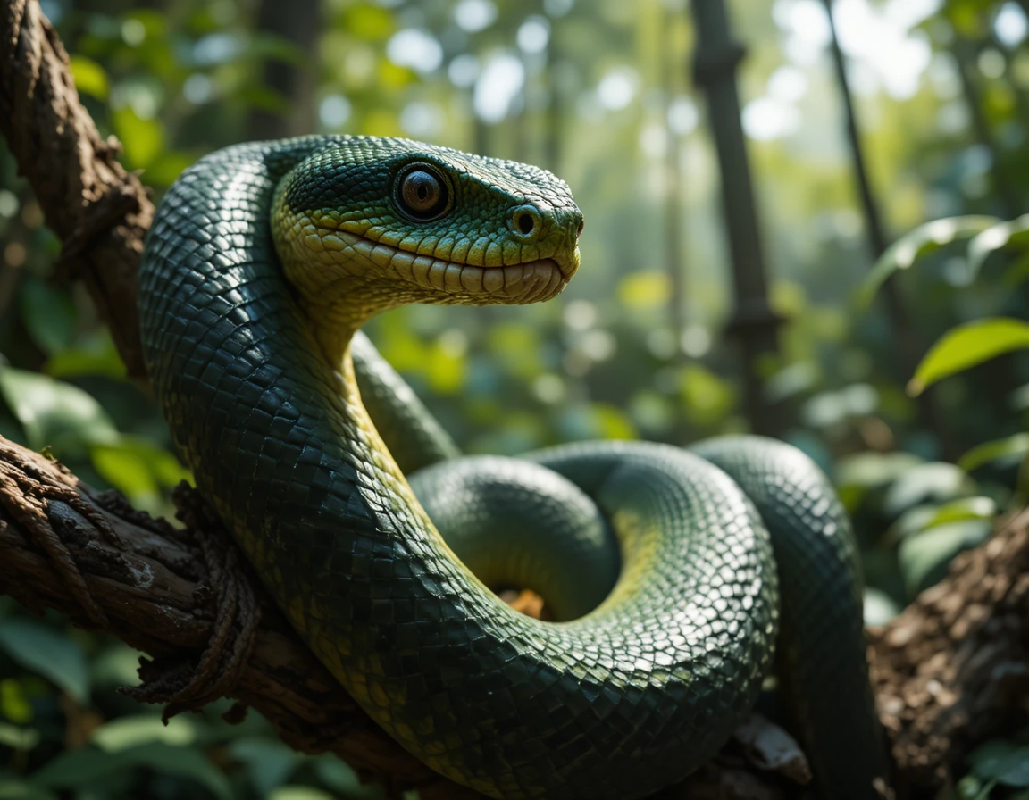 Boa constrictora enrollada en una rama de la jungla bajo luz moteada