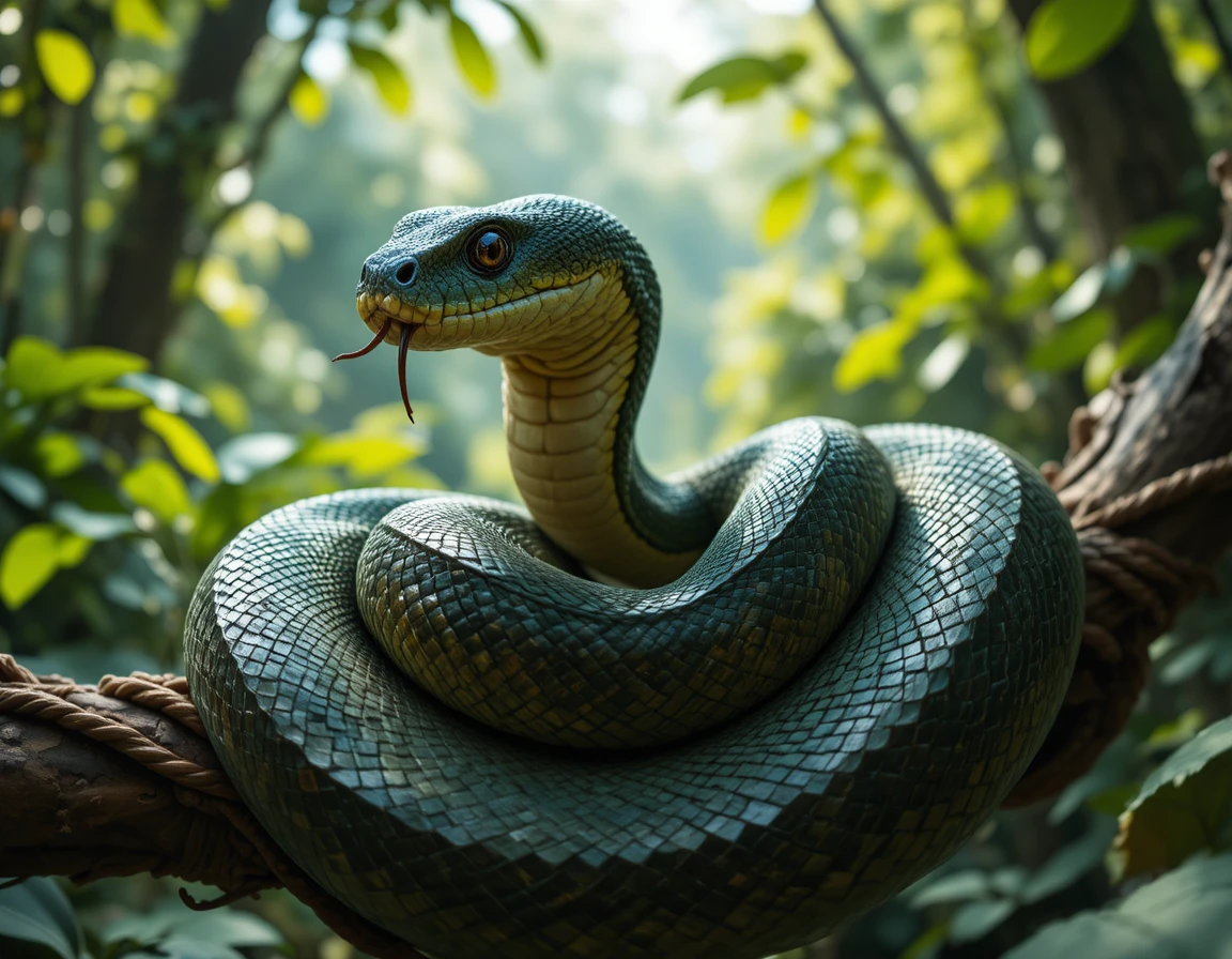 Boa constrictor arrotolato su un ramo nella giungla alla luce filtrata