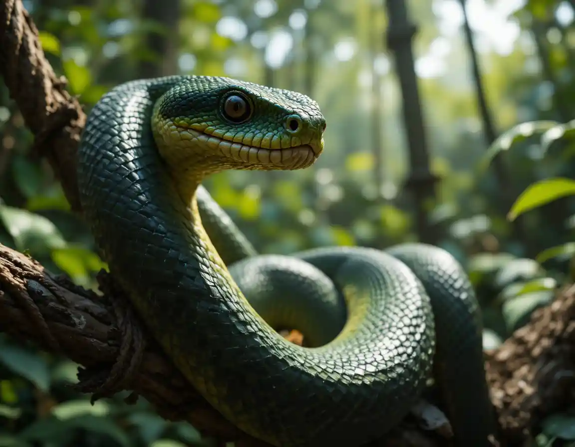 Boa Constrictor auf Dschungelast im gefleckten Licht zusammengerollt