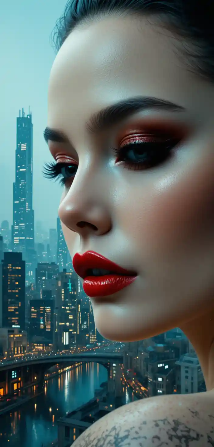 Primo piano di donna con trucco drammatico e skyline urbano