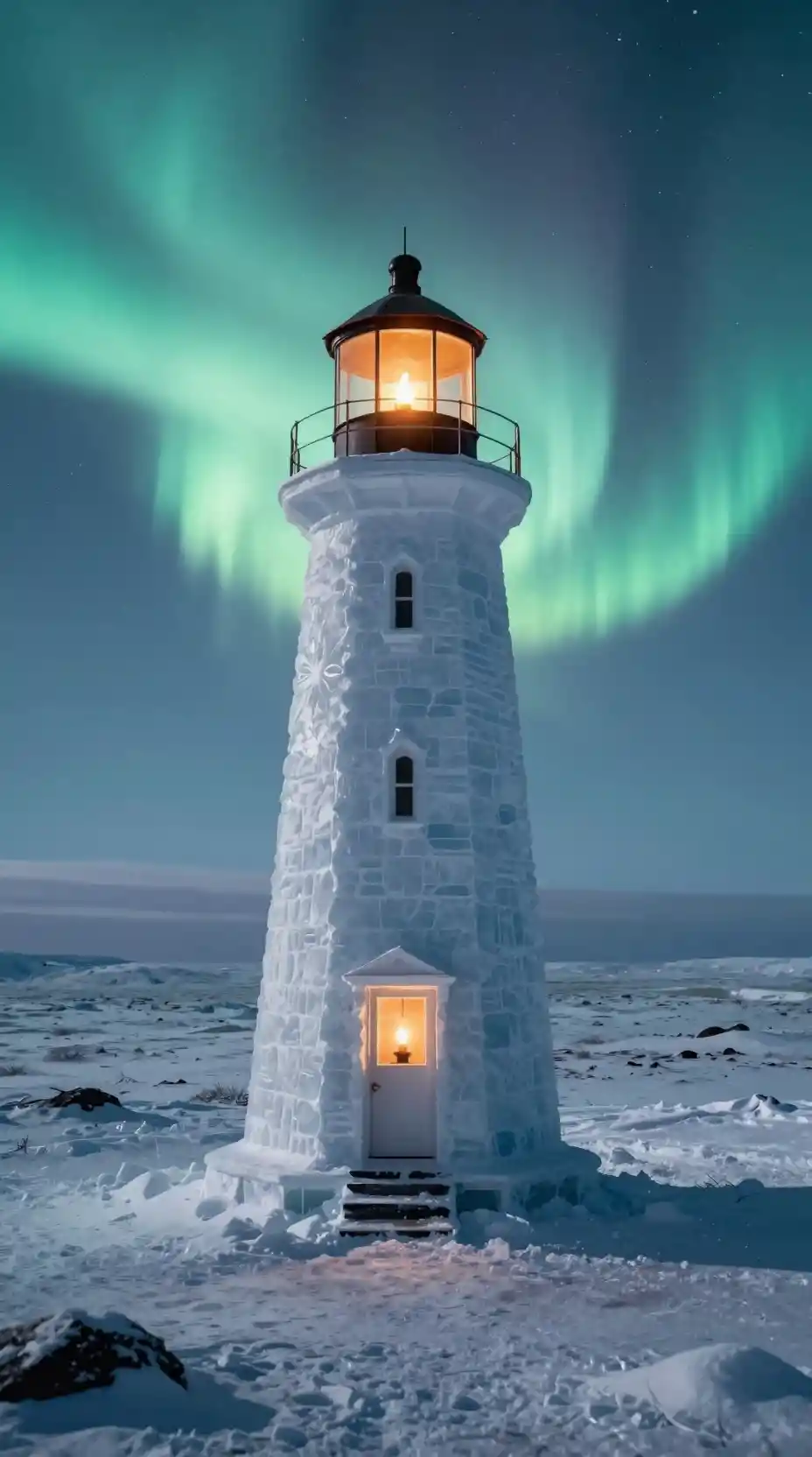 Eis-Leuchtturm in einsamer Tundra unter leuchtendem Polarlicht-Himmel