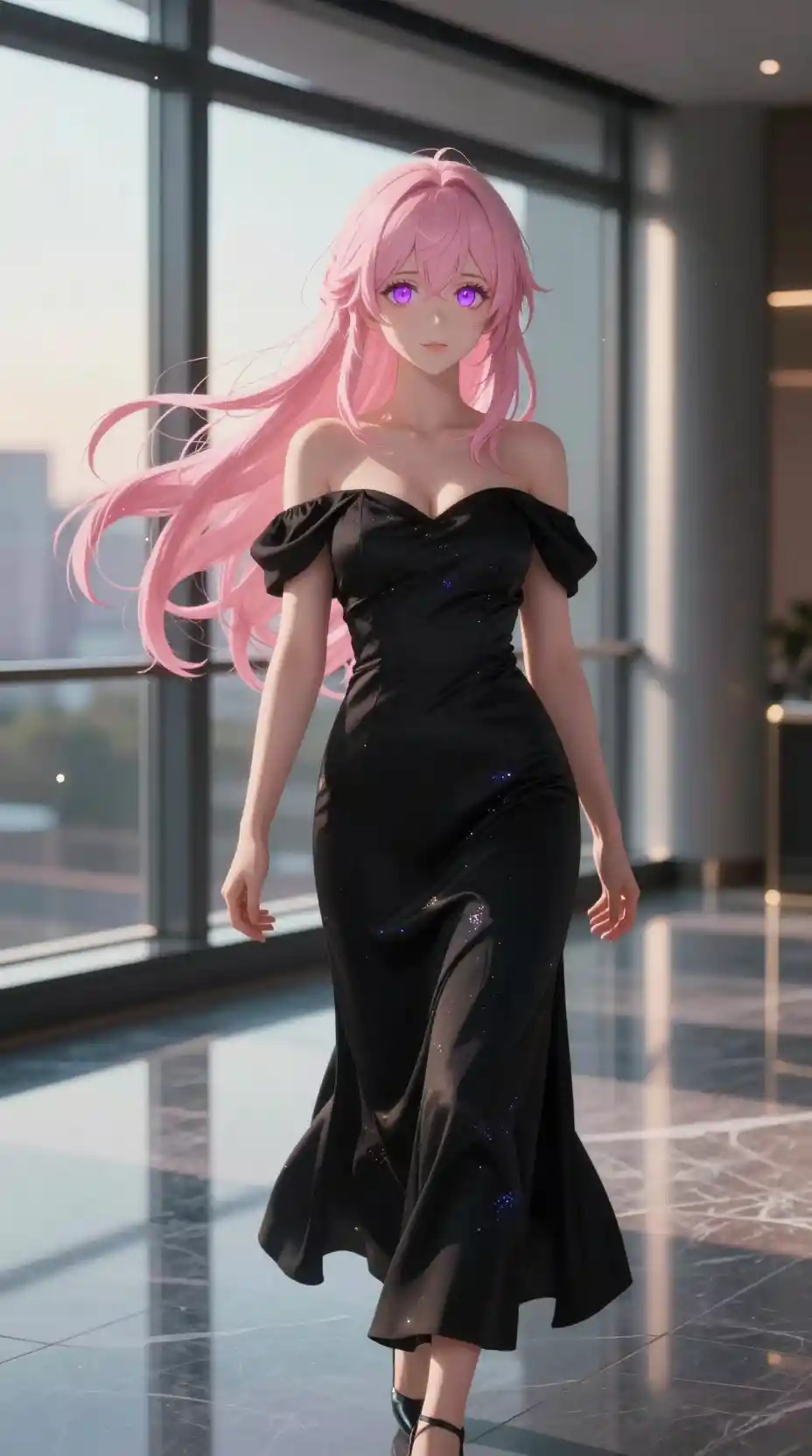 Ragazza anime con capelli rosa pastello in interno all'ora d'oro