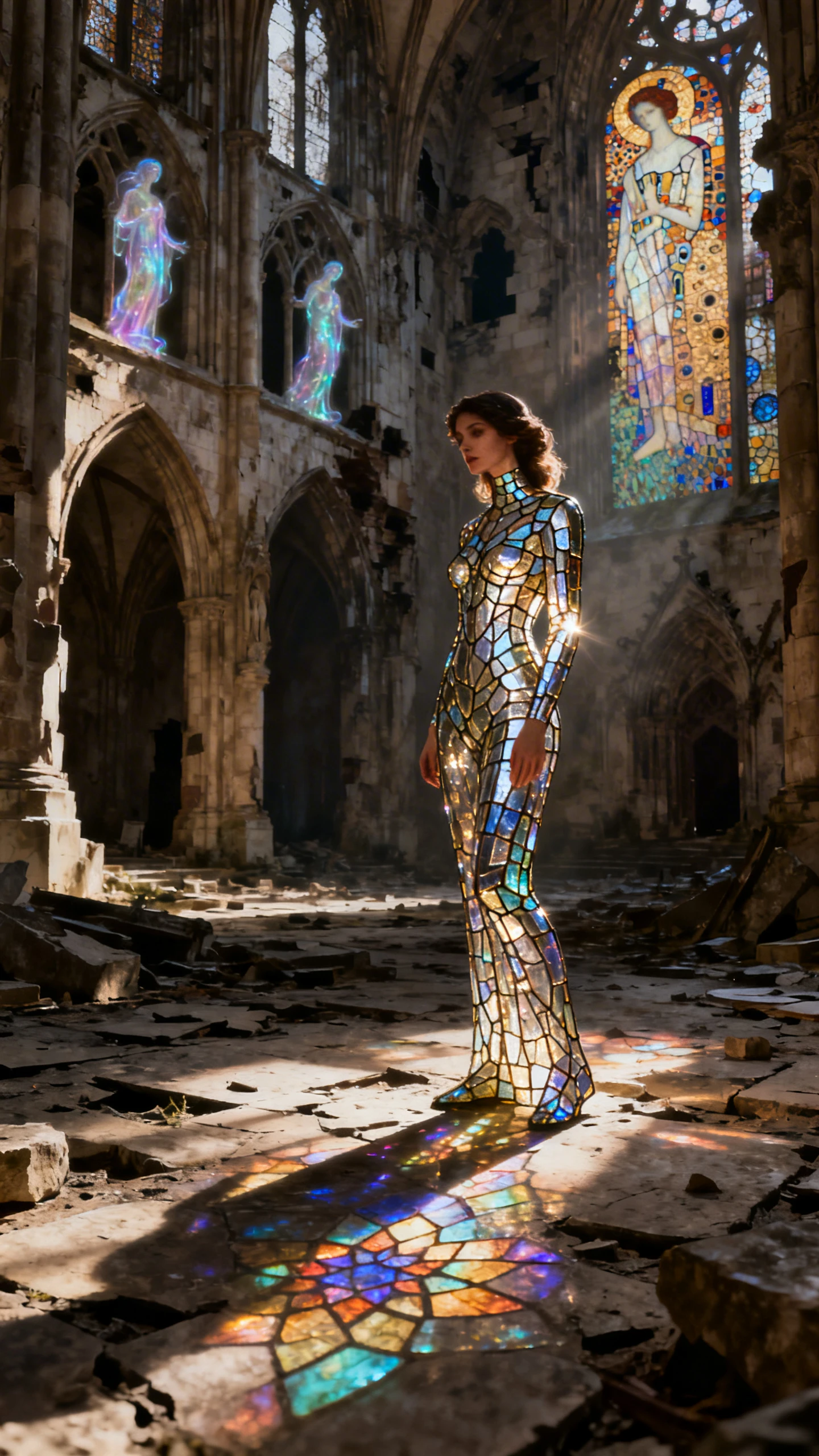 Stained glass woman in ruined gothic cathedral ruins