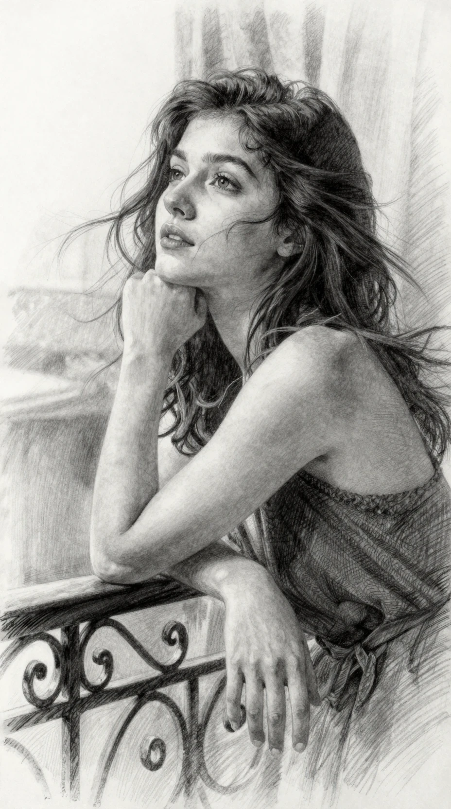 Retrato em grafite de uma jovem em uma varanda