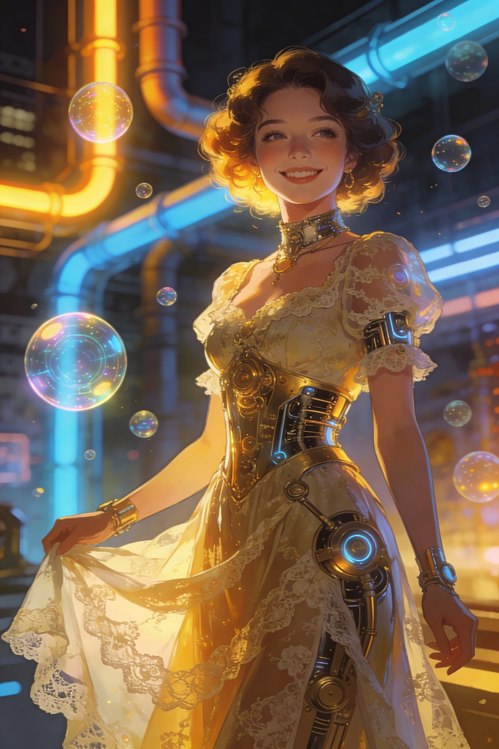 Vintage-Heldin lächelt in traumhafter Cyberpunk-Stadtlandschaft