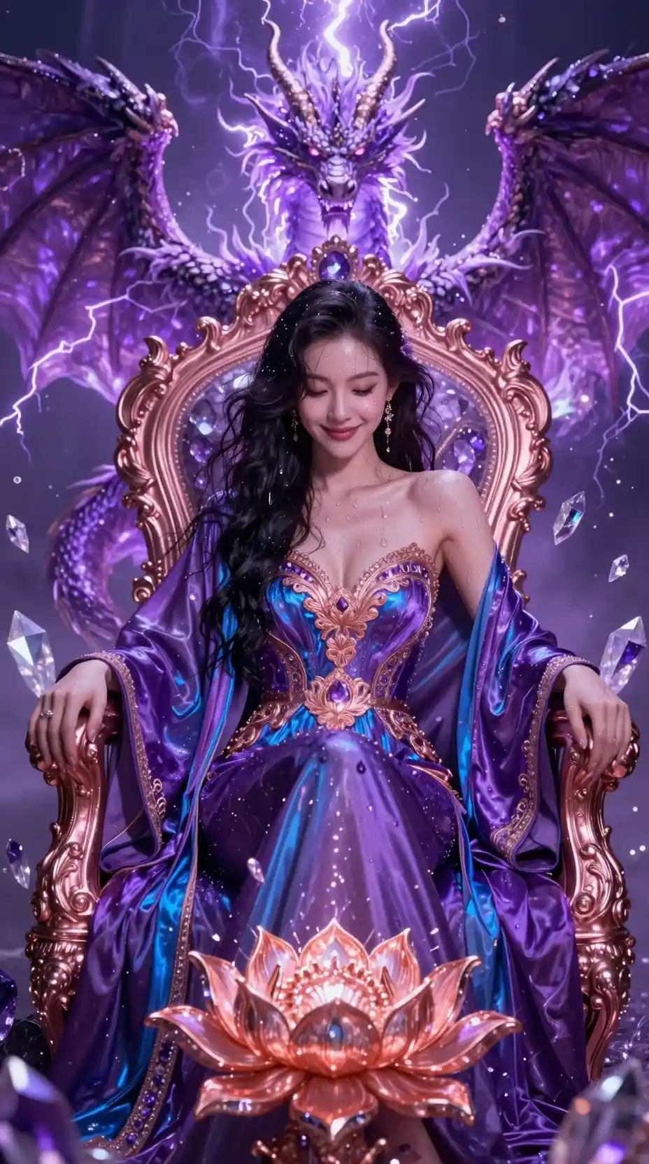 Regina Radiante su Trono di Cristallo nel Bagliore Ametista e Oro Rosa
