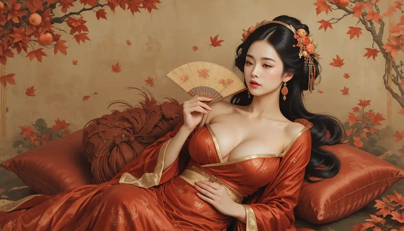 Nobre elegante reclinada em plataforma laqueada no estilo nihonga