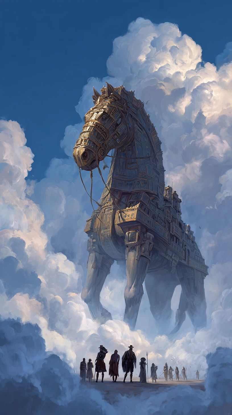 Cheval de Troie surréaliste émergeant du royaume des pensées