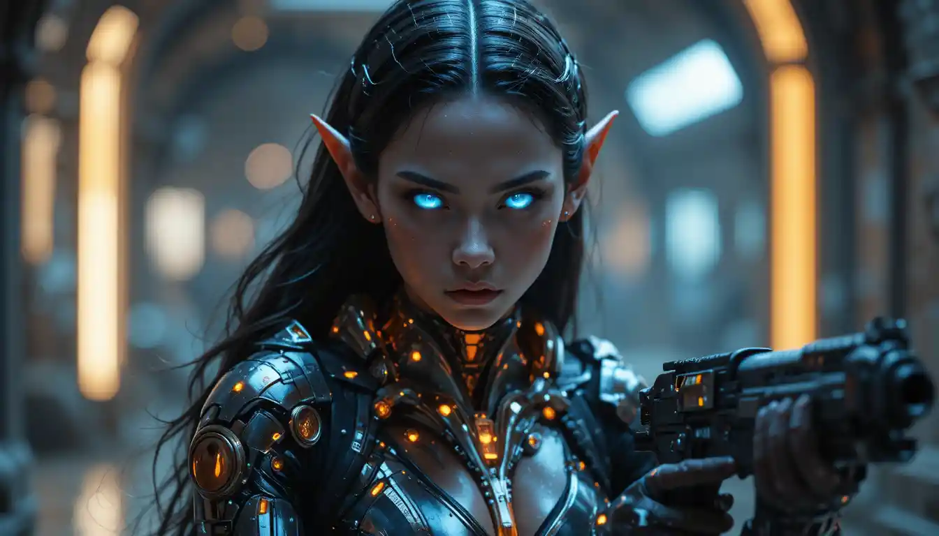 Angry alien woman in futuristic armor holding a gun