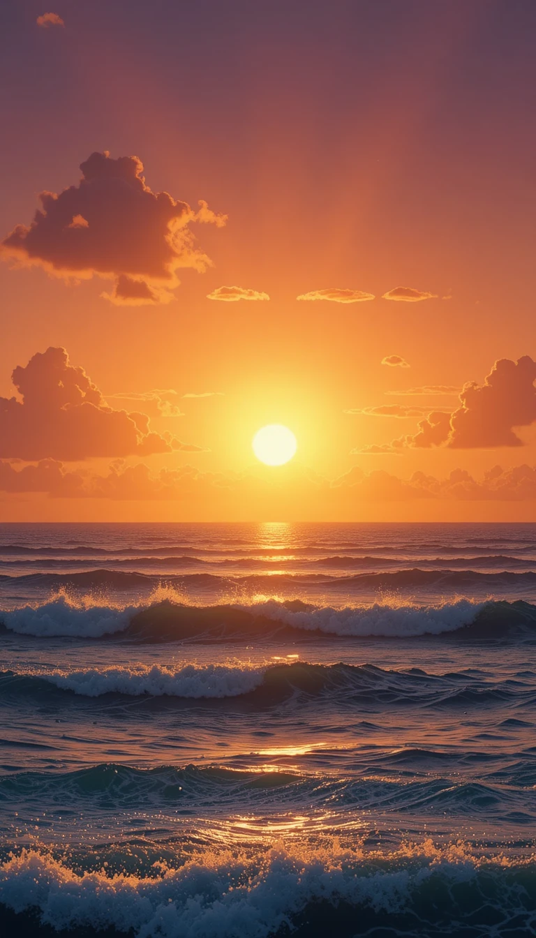 고요하게 번쩍이는 바다 수평선 위로 지는 황금빛 태양