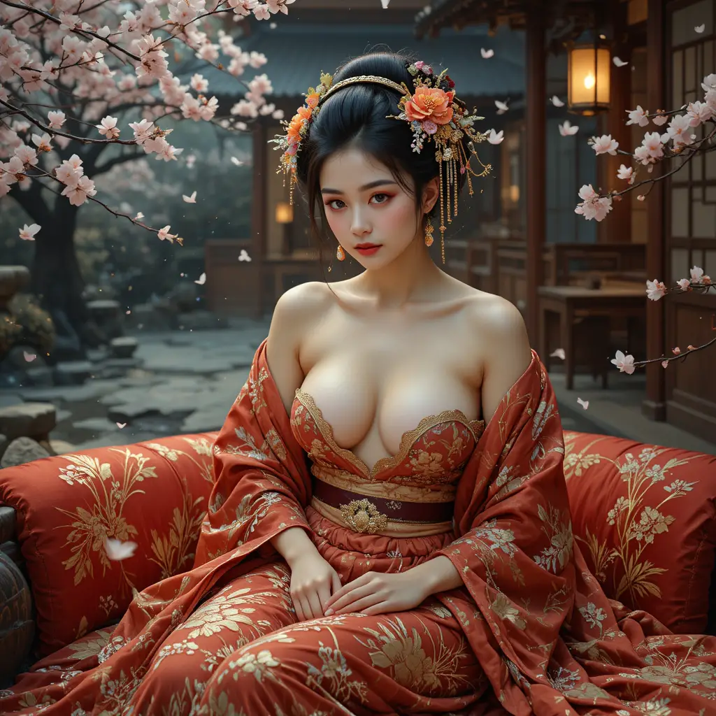 Donna divina sdraiata su un divano laccato in kimono