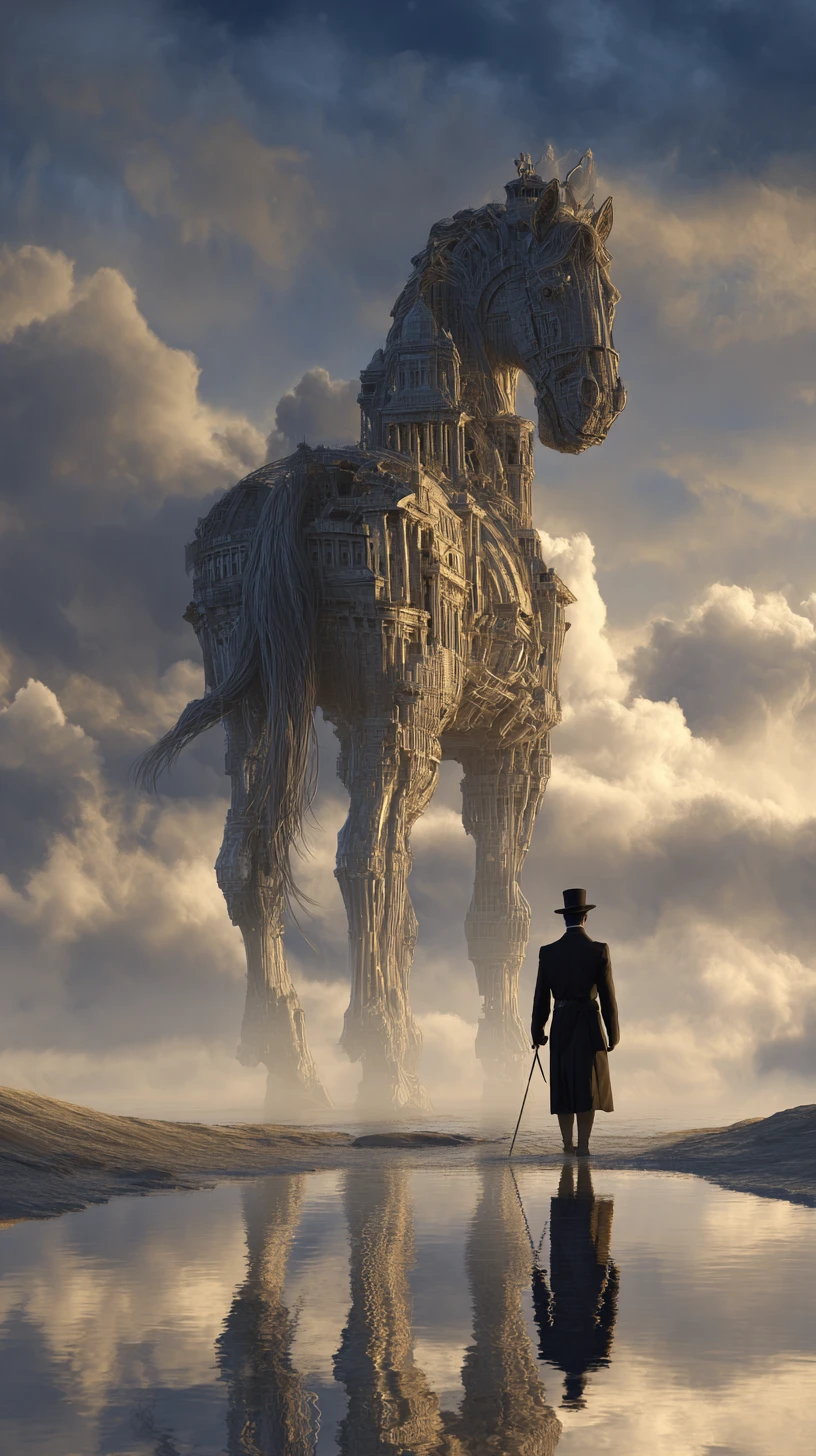 Surreales Trojanisches Pferd in einer abstrakten Gedankenlandschaft