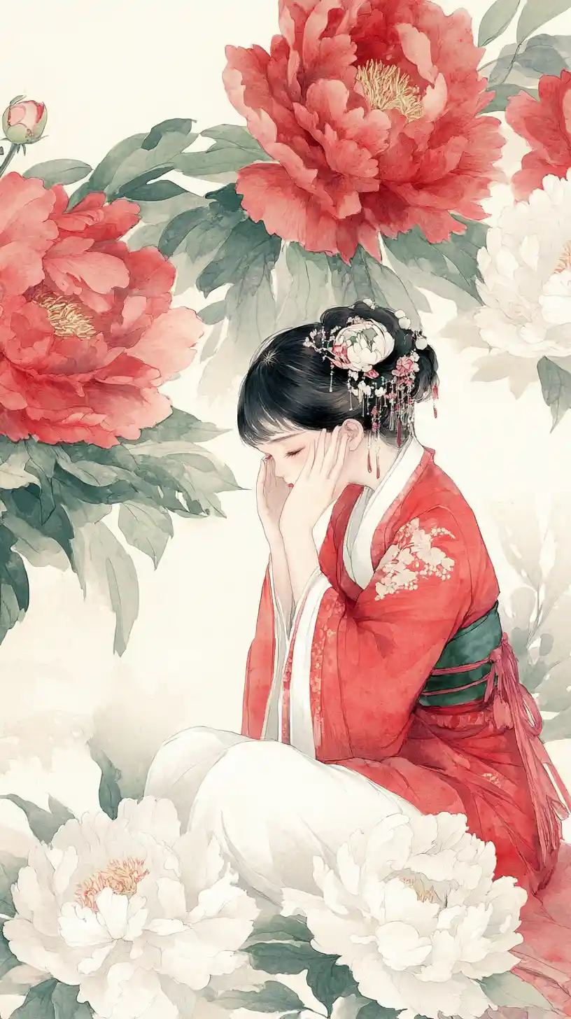 紅色漢服少女置身盛開牡丹花海