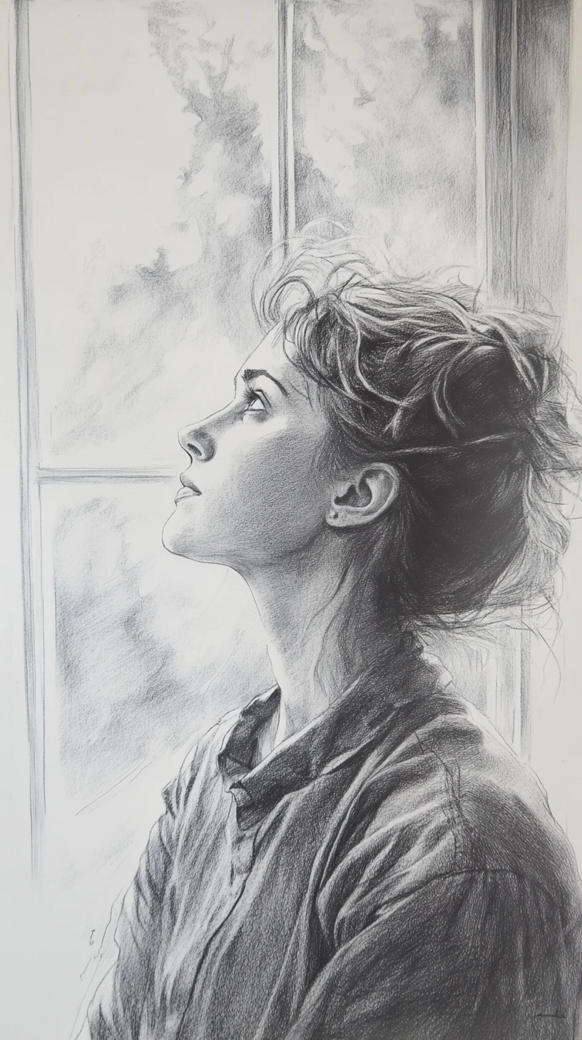 Woman standing by a large window in soft interior light
