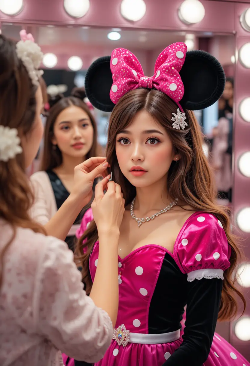 Young boy in pink Minnie dress getting makeup in boutique