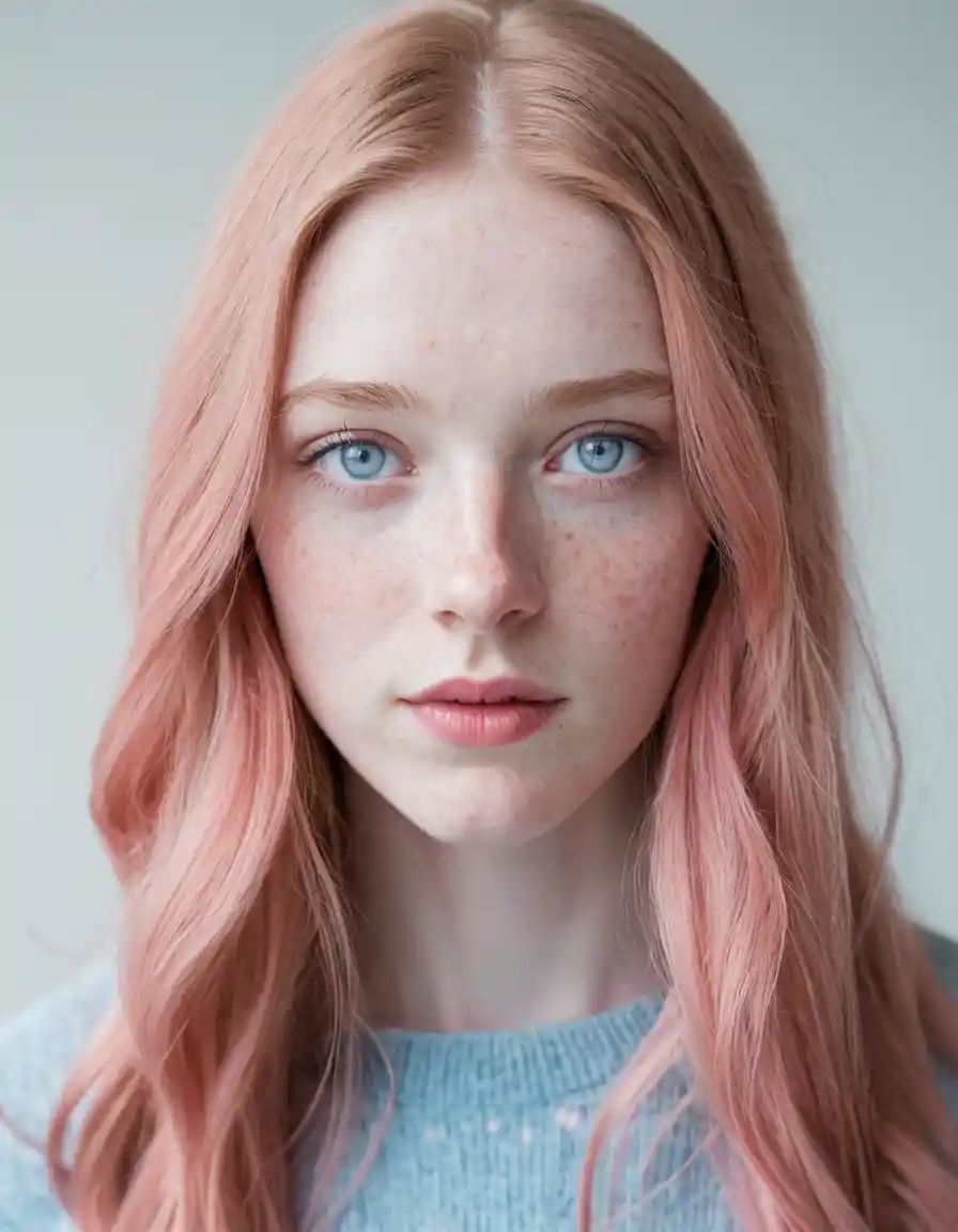 Portrait d’une jeune femme aux cheveux roses et aux taches de rousseur