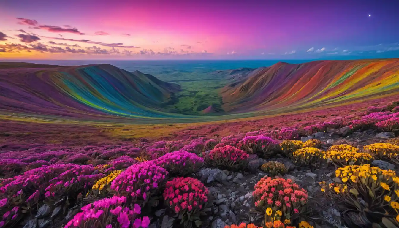 Colorful alien planet with swirling multicolored sky